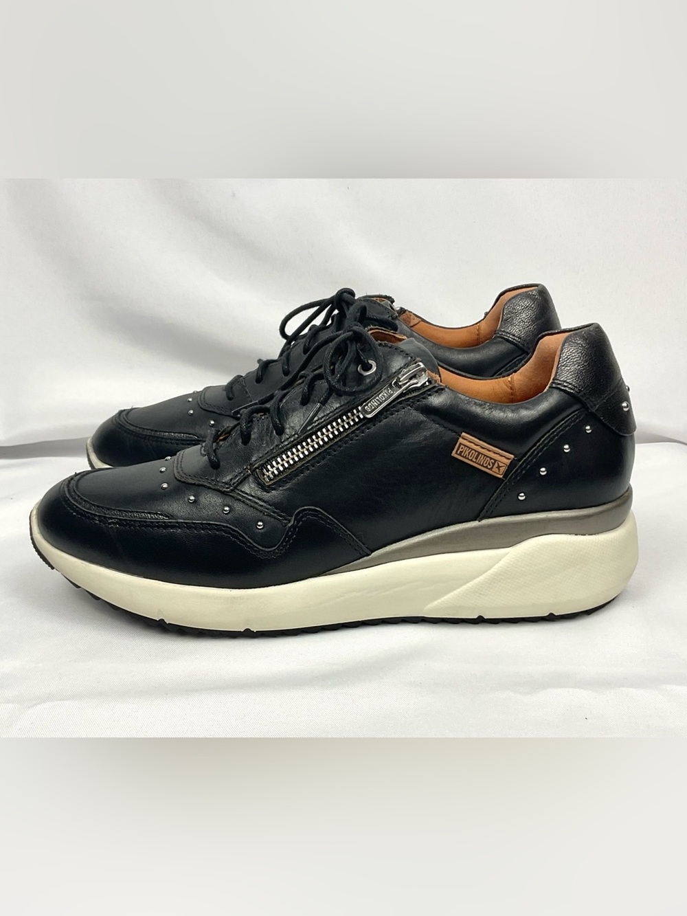 Pikolinos Sella Black Comfort Sneaker Leather Side Zip Studded Shoes EU Sz 39